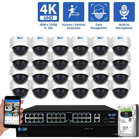 GW Security 32 Channel NVR UltraHD 4K Face/Human/Vehicle Detection PoE Security Camera System with 24 x 4K (8MP) IP Microphone AI Dome Camera, 100ft Night Vision, Outdoor/Indoor Surveillance Camera
