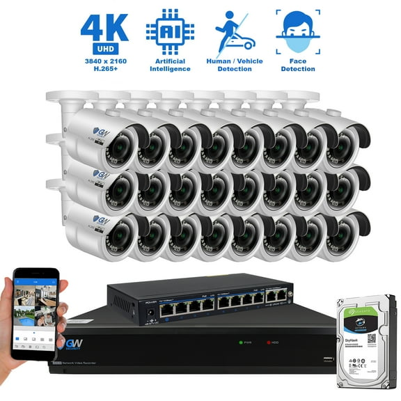 GW Security 32 Channel PoE NVR Ultra-HD 4K (3840x2160) AI Smart Home Office Security Camera System with 24 x 4K (8MP) 2160p Outdoor Indoor Surveillance IP Camera, 100ft Night Vision