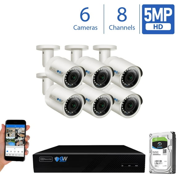 GW Security 5MP AI Human Detection IP Security Camera System with 8 Channel 4K H.265 NVR and (6) x IP PoE 1920P 5MP Outdoor Indoor Microphone Wide Angle Bullet Cameras 100 Feet Night vision