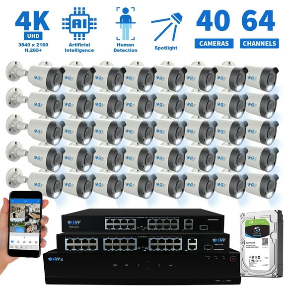 GW Security 64 Channel NVR 8MP Color Night Vision Security Camera System - 40 x UltraHD 4K Human Detection Microphone PoE IP Bullet Camera, 15 Smart AI Functions