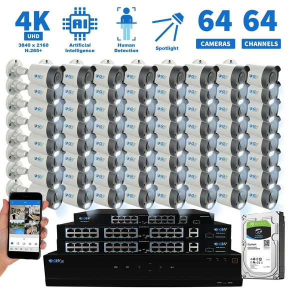 GW Security 64 Channel NVR 8MP Color Night Vision Security Camera System - 64 x UltraHD 4K Human Detection Microphone PoE IP Bullet Camera, 15 Smart AI Functions