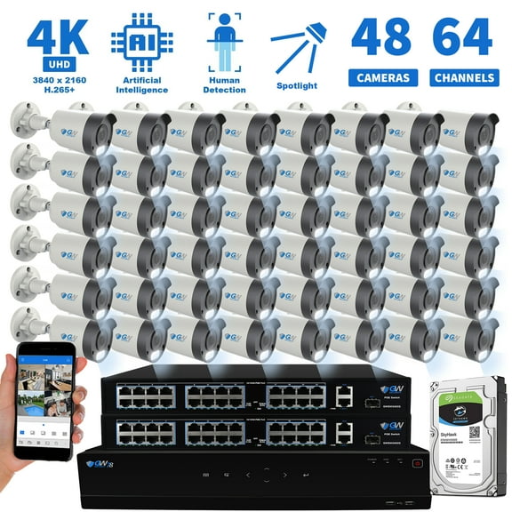 GW Security 64 Channel NVR 8MP Color Night Vision Security Camera System - 48 x UltraHD 4K Human Detection Microphone PoE IP Bullet Camera, 15 Smart AI Functions
