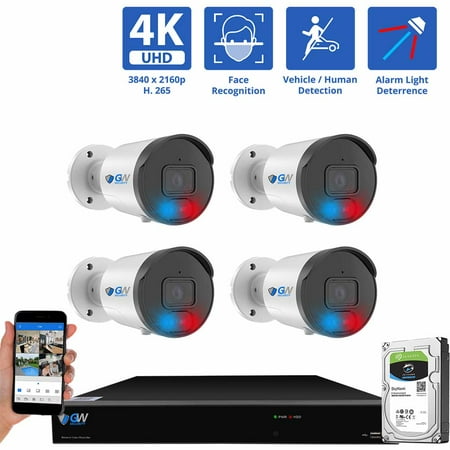 GW Security 8 Channel 12MP NVR 4K Full-Time Color Night Vision Blue&Red Alarm Lights PoE Security Camera System with (4) 8MP Two-Way Audio Outdoor Bullet Cameras, AI Human & Cars Detection, 2TB HDD