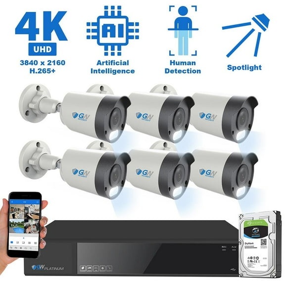 GW Security 8 Channel NVR 8MP Color Night Vision Security Camera System - 6 x UltraHD 4K Human Detection Outdoor Microphone PoE IP Bullet Camera, 15 Smart AI Functions
