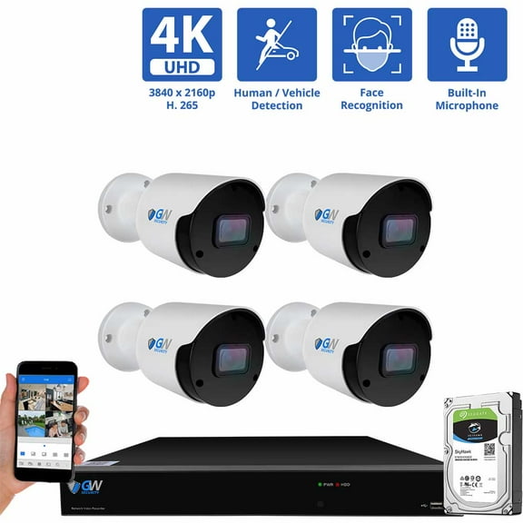 GW Security 8 Channel NVR UltraHD 4K Face/Human/Vehicle Detection PoE Security Camera System with 4 x 4K (8MP) IP Microphone AI Bullet Camera, 100ft Night Vision, Outdoor/Indoor Surveillance Camera