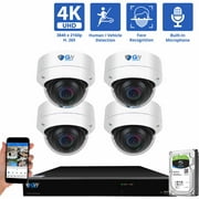 GW Security 8 Channel NVR UltraHD 4K Face/Human/Vehicle Detection PoE Security Camera System with 4 x 4K (8MP) IP Microphone AI Dome Camera, 100ft Night Vision, Outdoor/Indoor Surveillance Camera