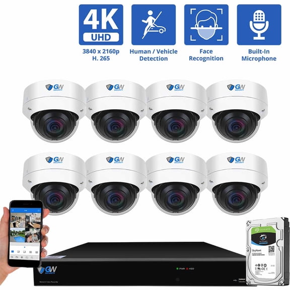 GW Security 8 Channel NVR UltraHD 4K Face/Human/Vehicle Detection PoE Security Camera System with 8 x 4K (8MP) IP Microphone AI Dome Camera, 100ft Night Vision, Outdoor/Indoor Surveillance Camera