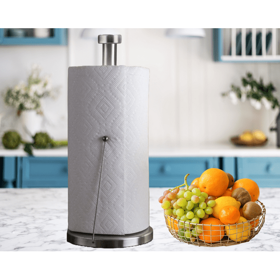 GW Tension Arm Standing Paper Towel Holder with Non-Slip Weighted Base for Countertop Kitchen, Bathroom, Durable Stainless Steel One-Handed Operation Paper Towels Rolls Dispenser, Silver