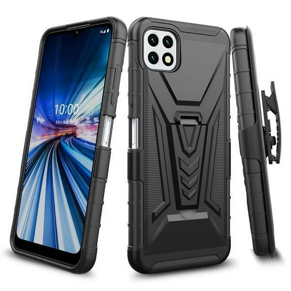 GW USA Case for Boost Mobile Celero 5G Case, Samsung Galaxy A22 5G Case with Tempered Glass Screen Protector Hybrid Cover with Kickstand Phone Belt Clip Holster - Black