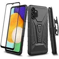 GW USA Compatible for Samsung Galaxy A14 5G Case with Tempered Glass Screen Protector Hybrid Cover with Kickstand Phone Belt Clip Holster - Black