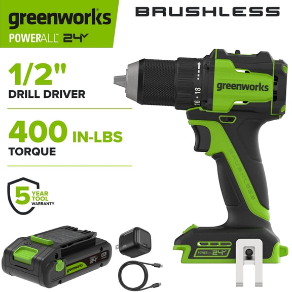 Greenworks PowerAll 24V Brushless 400 lbs 2 Speed 1/2" Drill Driver and 2 Ah Battery, DD340A1