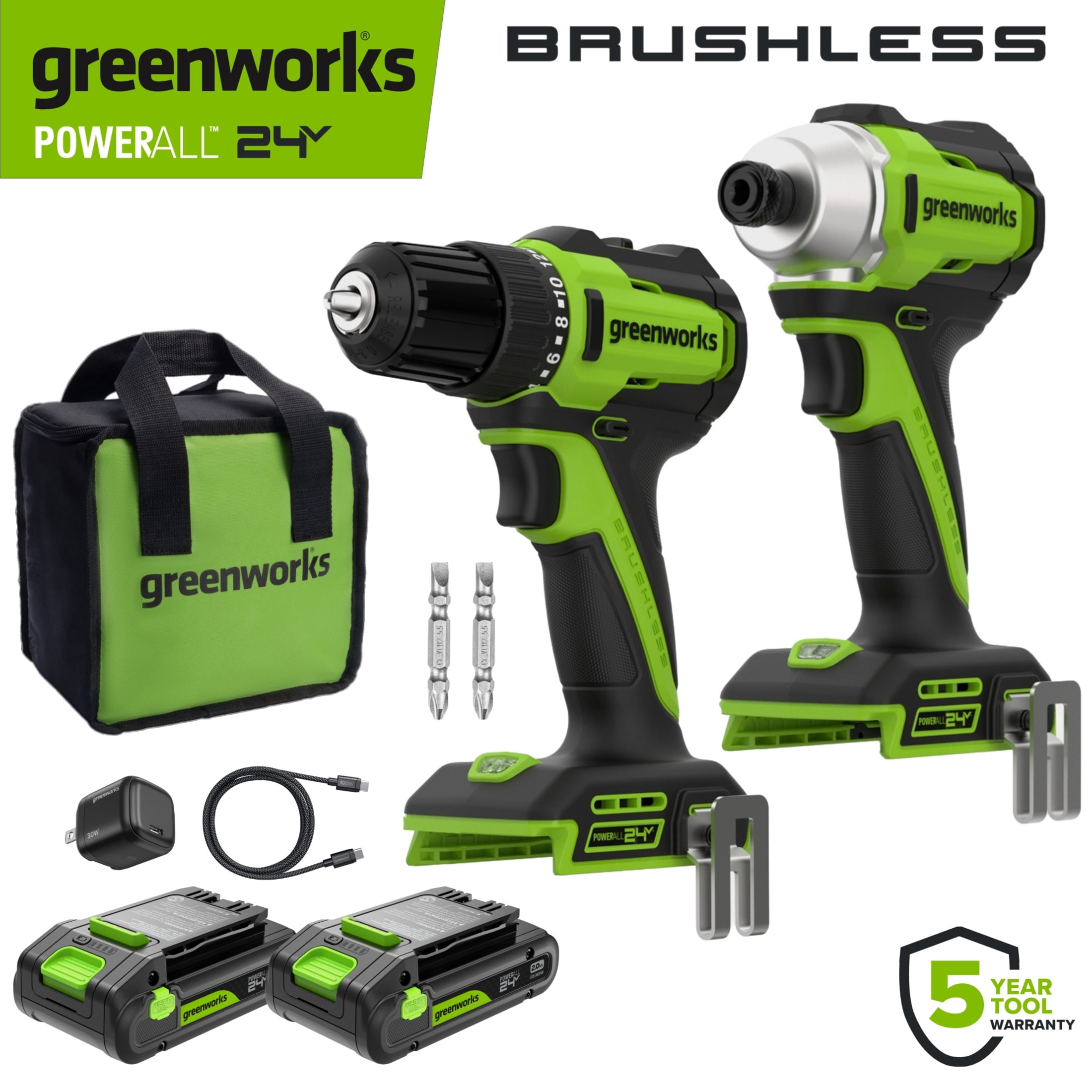 Greenworks PowerAll 24V 3/8" Drill and Impact Driver Combo Kit with (2) 2.0 Ah USB-C Batteries, 30W USB-C Charger Block, and 3' 100W USB-C Cable