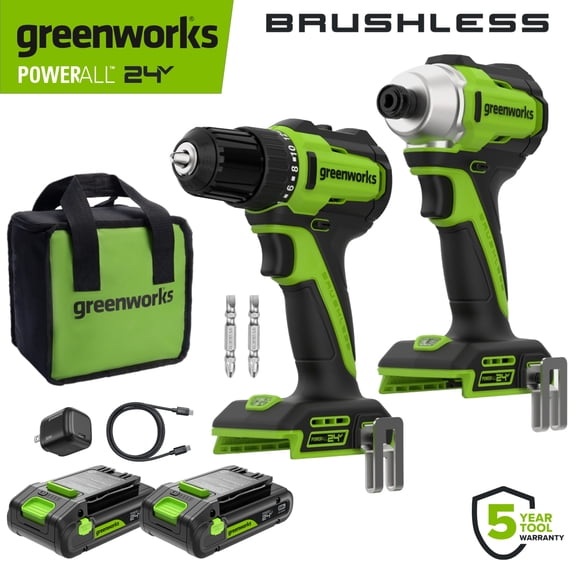 Greenworks PowerAll 24V 3/8" Drill and Impact Driver Combo Kit with (2) 2.0 Ah USB-C Batteries, 30W USB-C Charger Block, and 3' 100W USB-C Cable