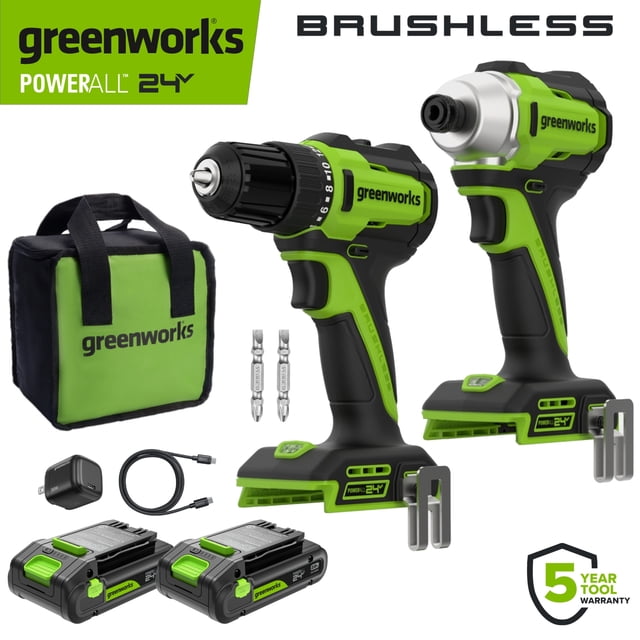 Greenworks PowerAll 24V 3/8" Drill and Impact Driver Combo Kit with (2) 2.0 Ah USB-C Batteries, 30W USB-C Charger Block, and 3' 100W USB-C Cable
