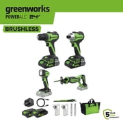 Greenworks PowerAll 24V Brushless 280 in-lbs Drill/Driver and 1,800in-lbs Impact Driver and 3200 Recip Saw and Light, 2 2Ah Batteries, 30W Block and Cable, CK344A1