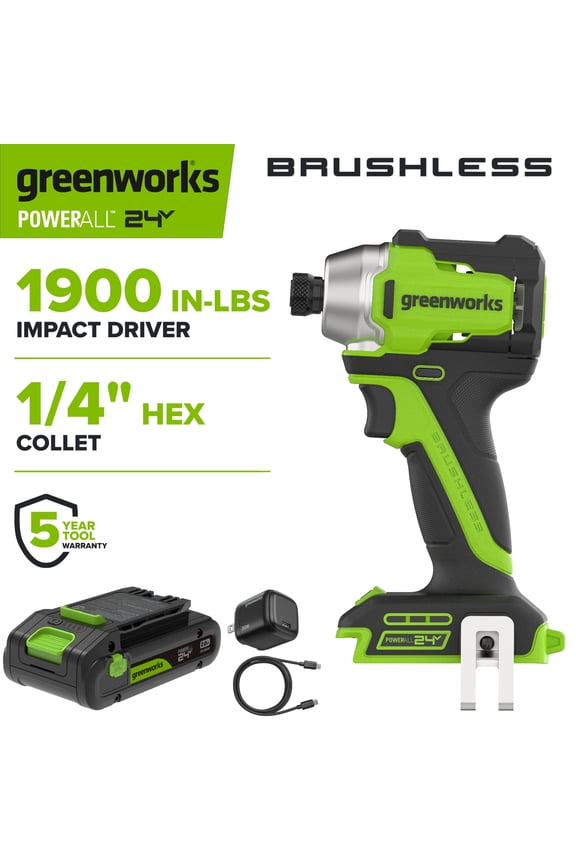 PowerAll 24V Brushless 1,900 In-Lb Impact Driver, with 2.0 Ah USB-C Battery, 30W USB-C Charger Block, 3' 100W USB-C Cable, ID3200A1