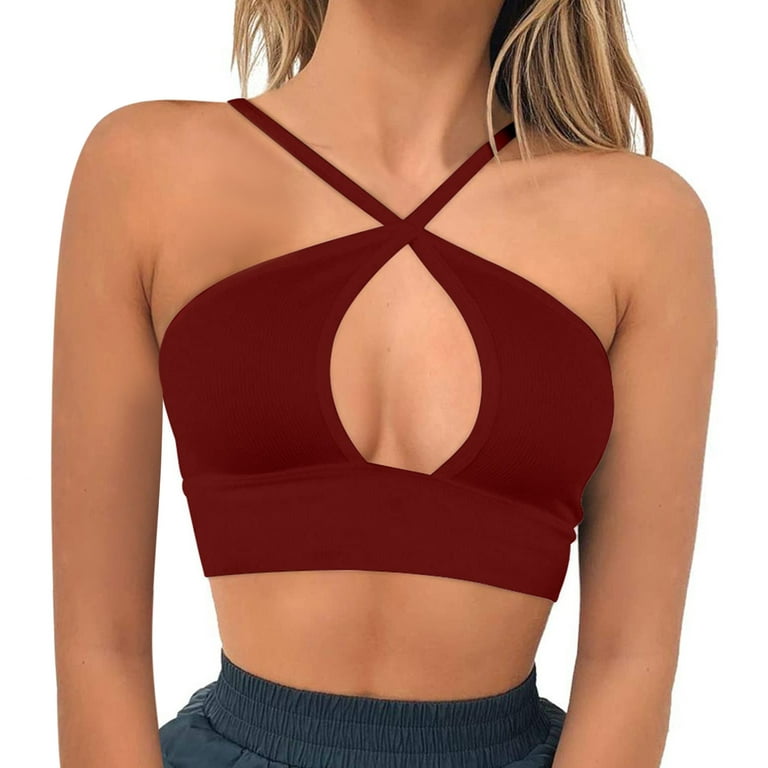 GWAABD Crop Tube Tops for Women with Built In Bra Women Cute Crop Tops  Halter Top Shirt Sleeveless Ribbed Cut Out Backless Fashion Tank Top