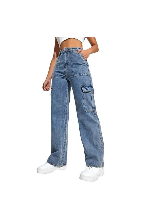 Denim Jeans for Women with Big Pockets Baggy Cargo Jeans Trousers Casual High Waist Straight Leg Streetwear Loose Pants