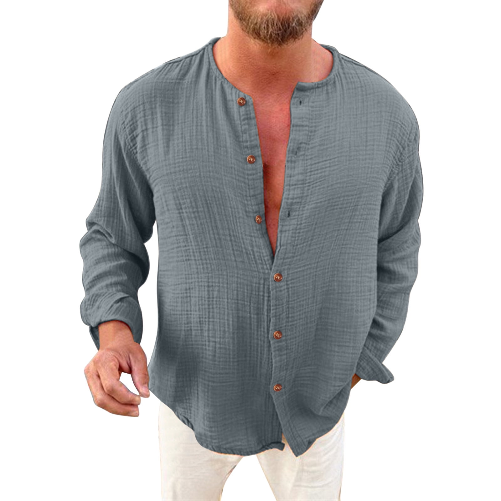 GWAABD Long Sleeve Cooling Shirts for Men Male Casual Autumn Solid Fold  Shirt Collarless Long Sleeve Button Shirt Blouse 