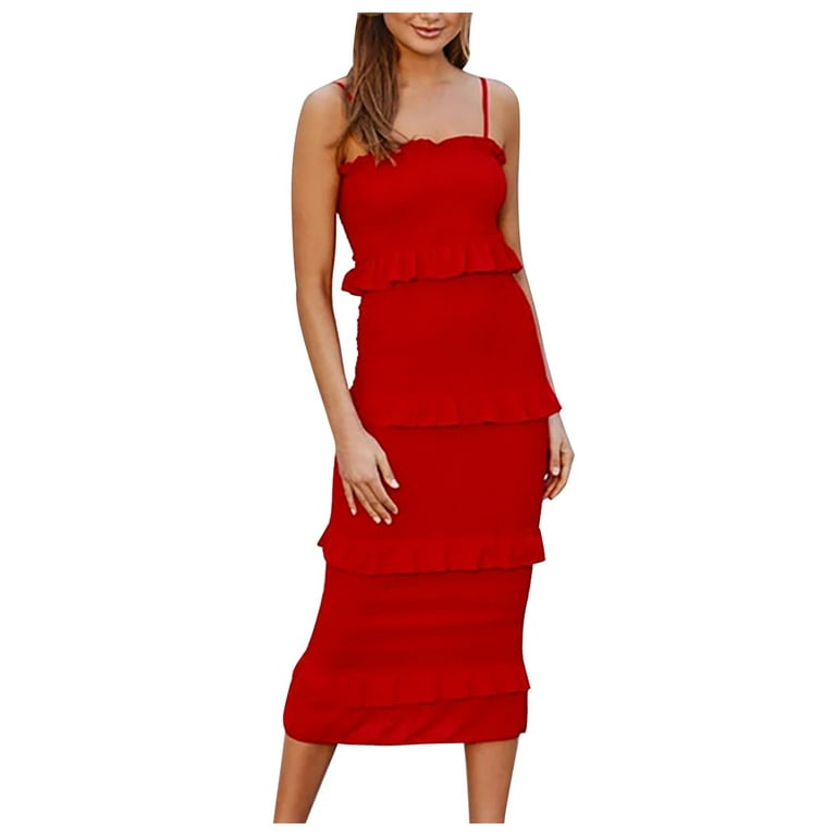 GWAABD Long Wrap Dress Women's Solid Color Four Elastic Splicing Fashion  Pleated Slim Strappy Dress 