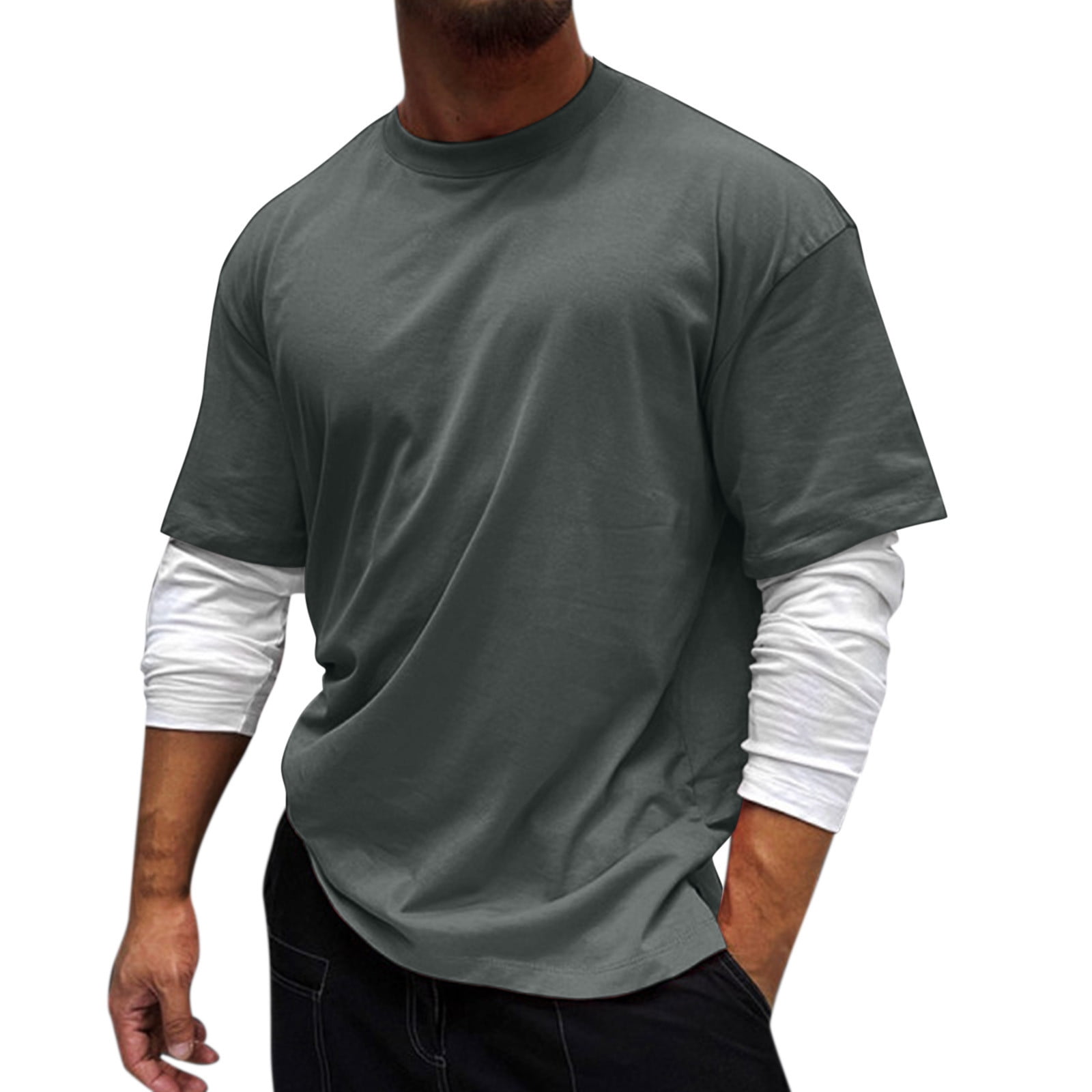 GWAABD Men Twist Shirt Male Casual Solid Patchwork Sleeve T Shirt