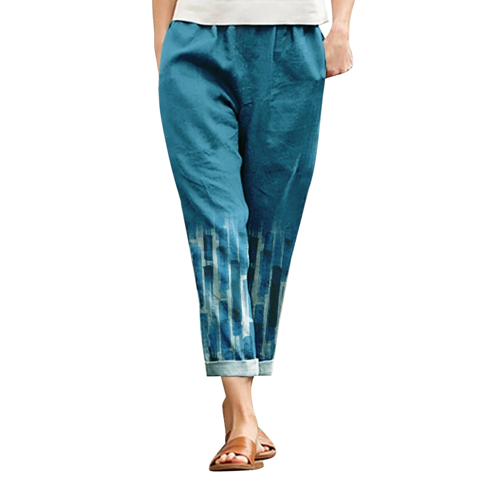 GWAABD Pantalones Acampanados Para Mujer Women Casual Print Trouser Pant  Elastic Waist Pocket Long Pencil Pants 