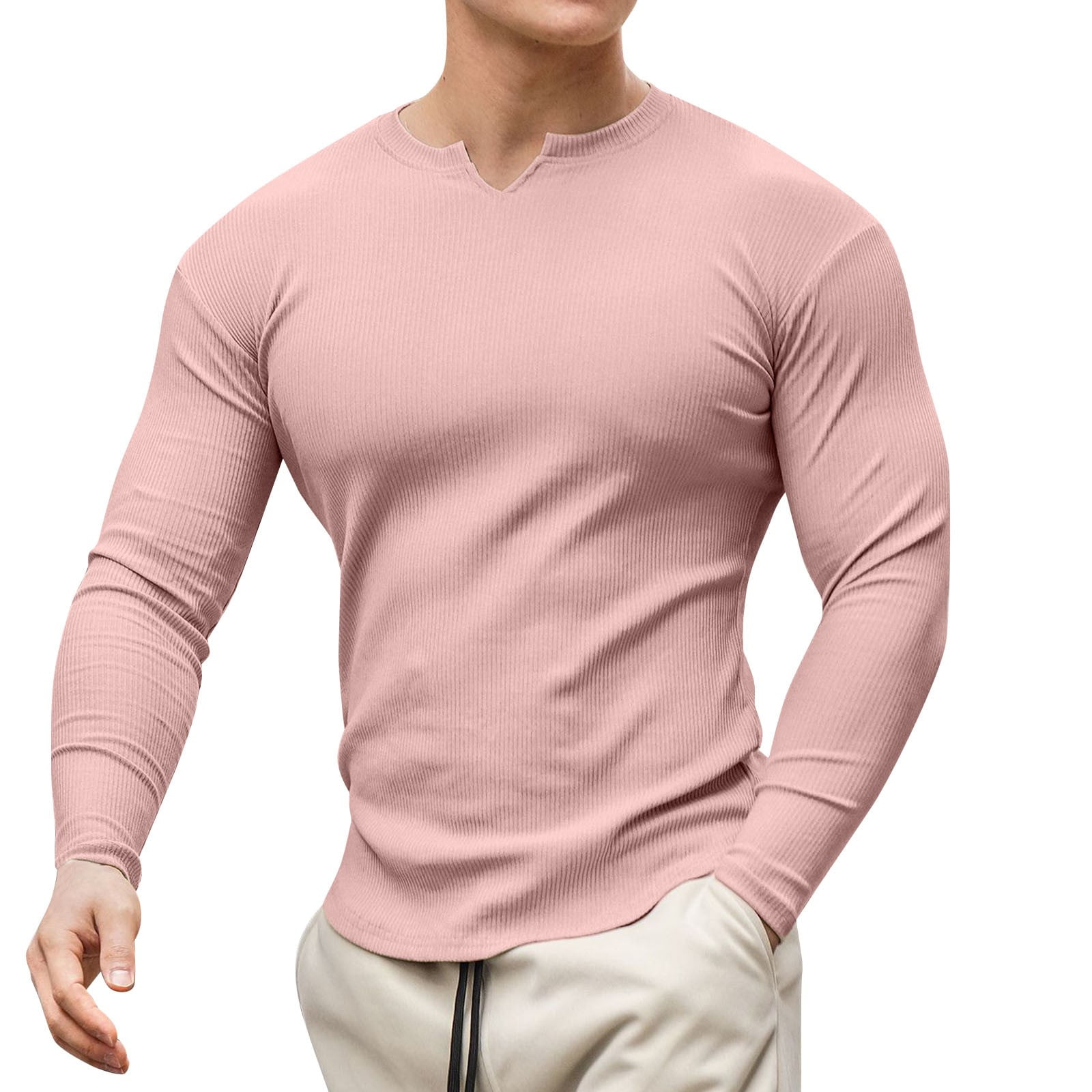 GWAABD Zipper Shirts Men Male Spring and Summer V Neck Tops with Solid  Color Long Sleeve Casual Elastic Slim Fit T Shirts 