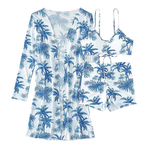 GWAABD Swim Suits for Women 3 Pieces Swimwears Knot Front Tankinis Maple Leaf Printed Split Bikini Long Sleeved Coverup Sunscreen Swimsuit Sky Blue XL