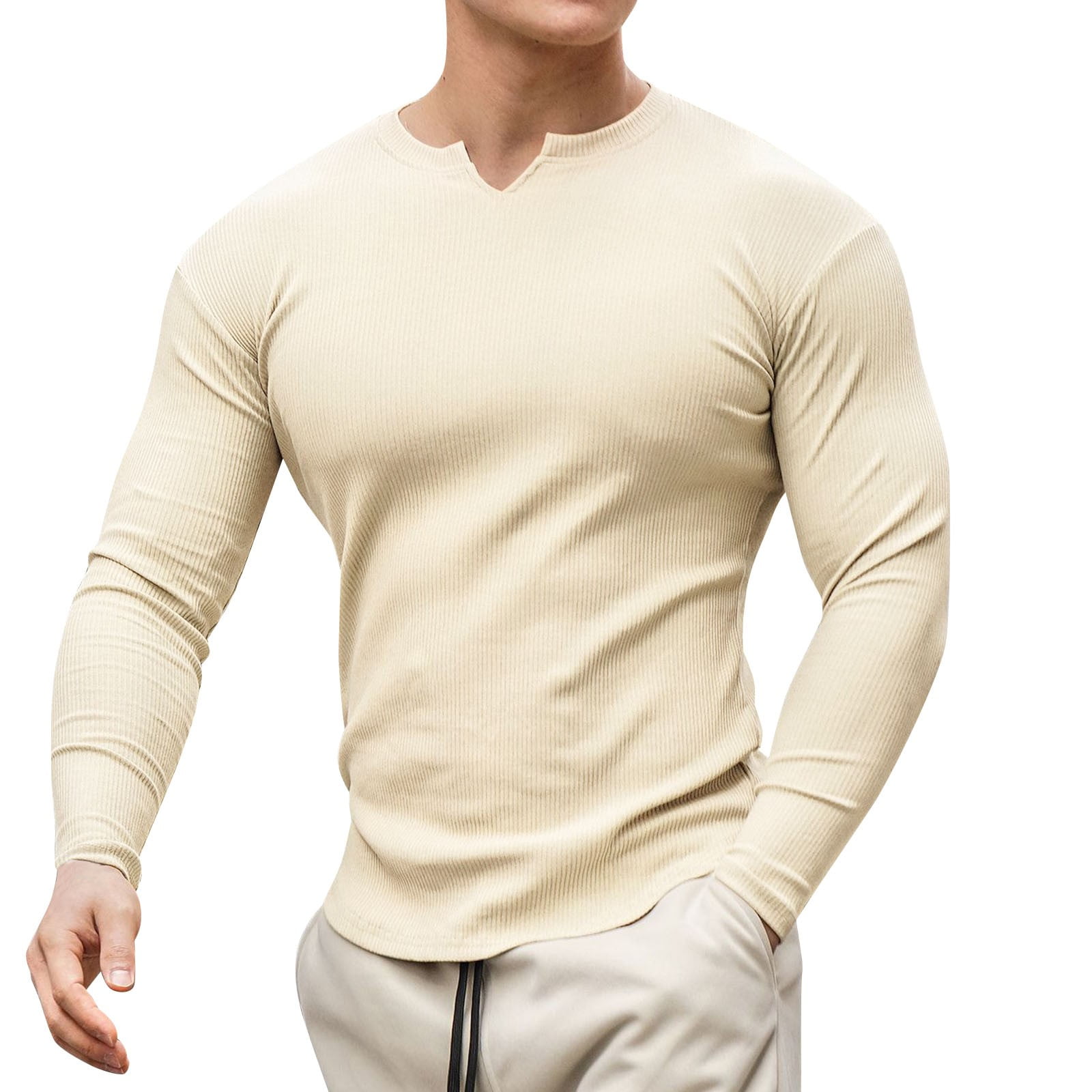 GWAABD Tight Fitting Long Sleeve Sportswear Men Male Spring and Summer V  Neck Tops with Solid Color Long Sleeve Casual Elastic Slim Fit T Shirts
