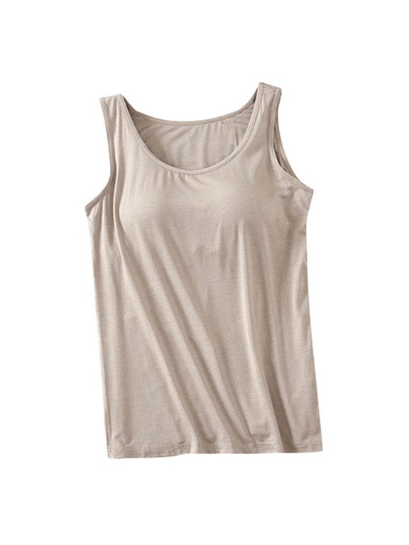 Women's Tank Top with Built in Bra Sleeveless Wide Shoulder Strap Camisoles Basic Tanks Summer Padded Bra Undershirt for Workout Sleeping Traveling Khaki L