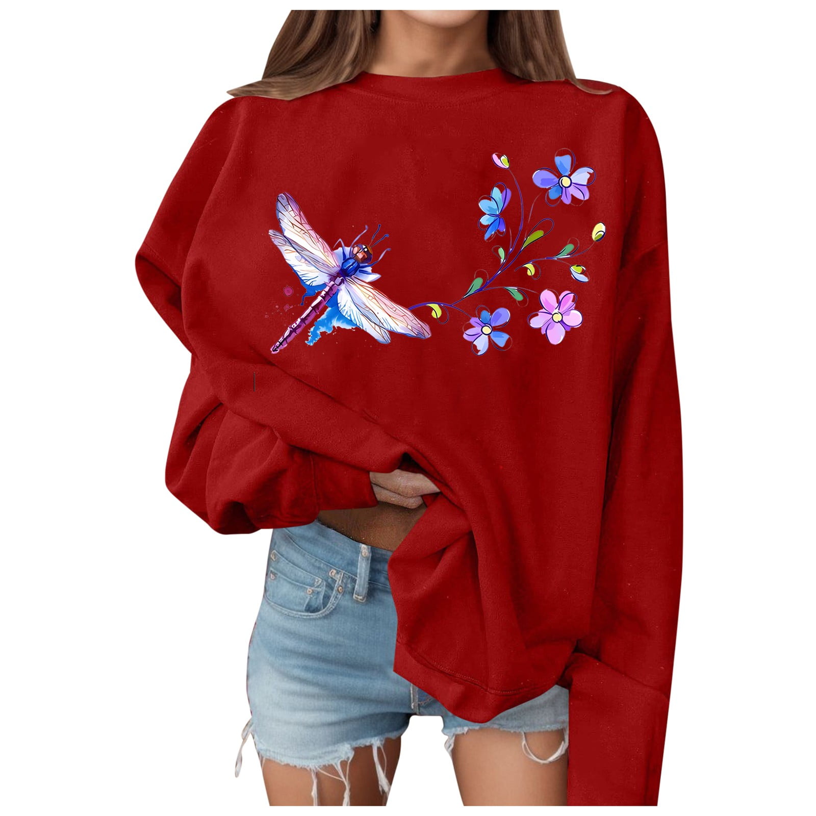 GWAABD Womens Cozy Sweatshirt Casual Dragonfly Graphic Print Loose ...