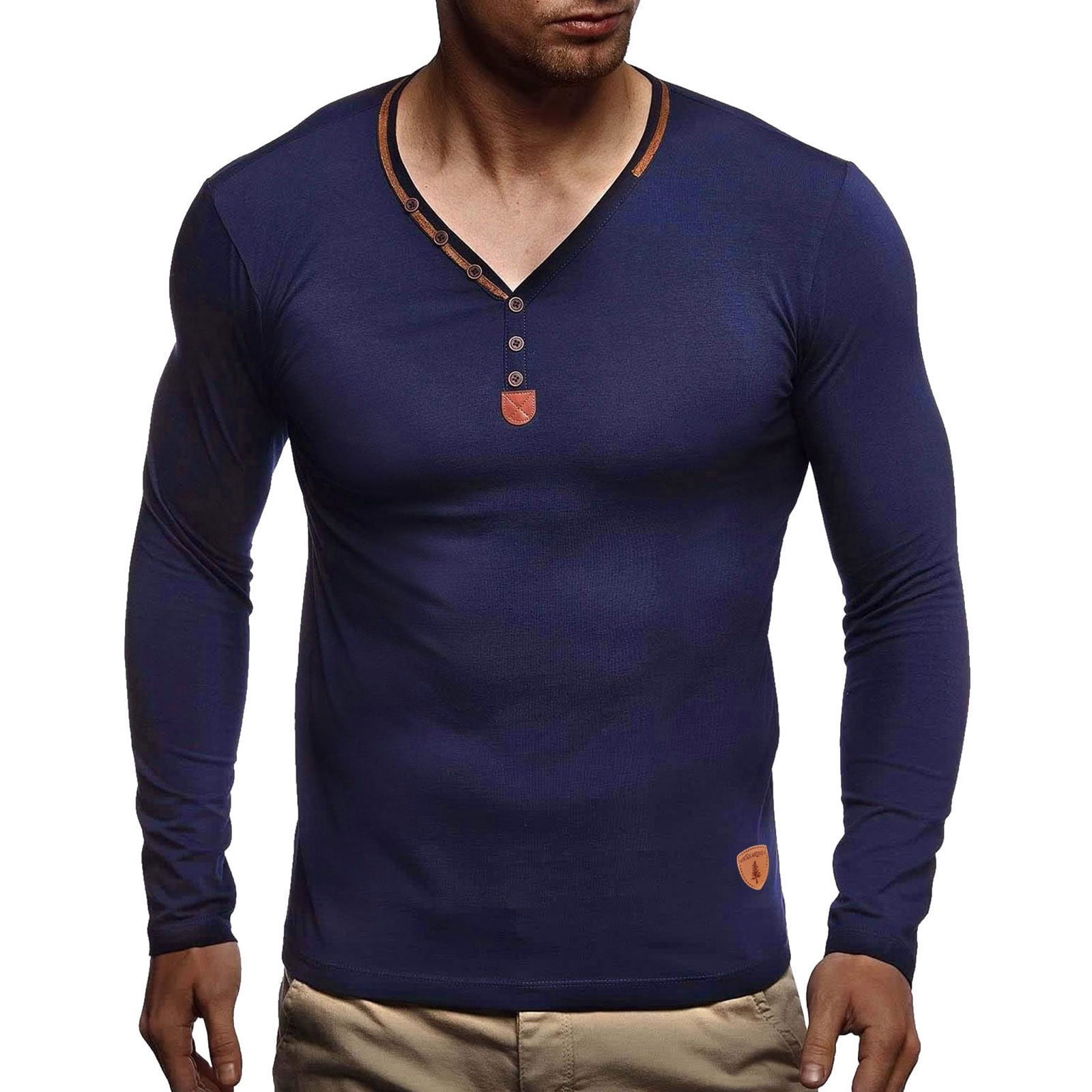 GWAABD Mens Long Sleeve T Shirts Drop Cut Men's Casual V-Neck Tee Solid  Color Multi-button Loose Long-Sleeved T-shirt Sports Fit Pullover Bottoming