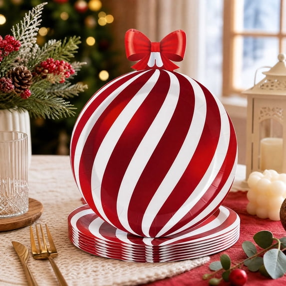 GWAAMB 16 Count 7 Inch Christmas Ball Shaped Paper Plates, Red White Candy Cane Stripes Disposable Dinnerware, Xmas Holiday Party Table Supplies, D
