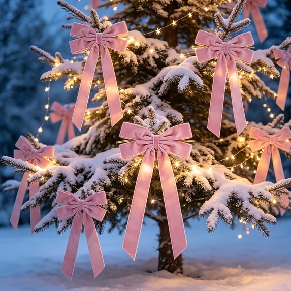 GWAAMB, 5.1x10.2in Velvet Christmas Bows Ornaments Set of 16, 9 Colors Xmas Velvet Ribbon Bows, for Christmas Tree Wreath Garland Gift Wrap Decor (Pink)