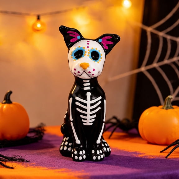 GWAAMB Day of the Dead Skeleton Dog Figurine, 4.72 in Resin Skull Statue with Floral Accents, Hand Painted for Halloween Tabletop Home Decor, Party Decor, Black