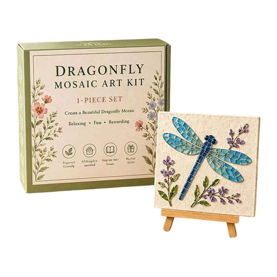 GWAAMB Dragonfly Mosaic Art Kit, DIY Acrylic Bead Craft on Mini Wooden Easel with Floral Accents, 0.17 fl oz Adhesive, Relaxing Hobby Gift, F