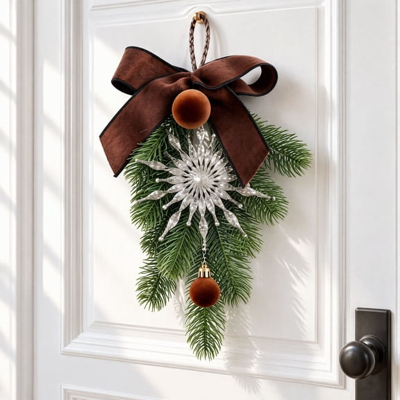 GWAAMB Pine Sprig Star Bow Ball Ornament 13.39 x 7.87 Inch 2.82 oz, Brown Hanging Decor for Xmas Tree Home (Brown)