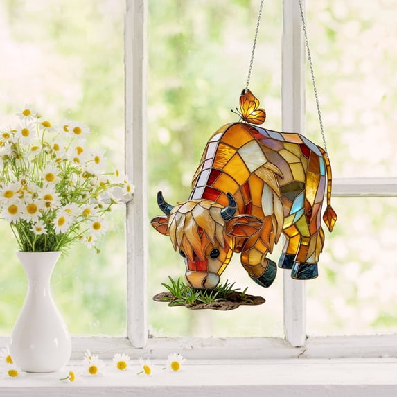 GWAAMB Stained Glass Cow and Butterfly Suncatcher, Lightweight Acrylic Window Charm for Nature Themed Nursery Decor, 20 Inch, Multicolor