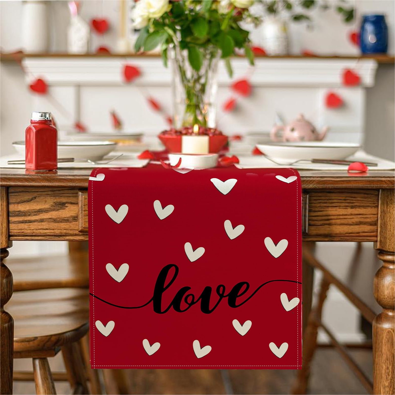Valentine's Day Red Love Heart Linen Table Runner - 13x72 Inches, Anniversary/Wedding/Dining Table Decor