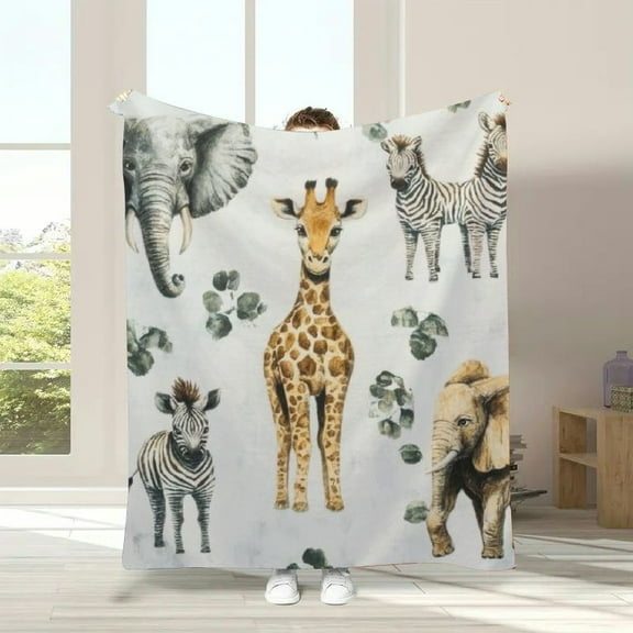 GWJING African Safari Jungle Animal Mink Blanket Dotted Backing Boy Girl, Blue Elephant Giraffe Zebra Double Layer Flannel Nursery Bed Blankets, Soft Plush Crib Bedding 50x60in