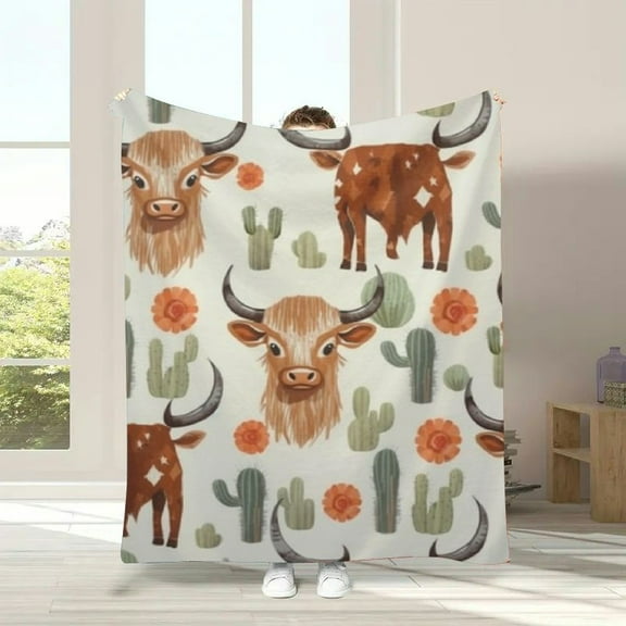 GWJING Highland Cow Boho Cactus Sun Blanket Boy Girl Gift Neutral, Western Hyland Cattle Flannel Nursery Bed Blankets, Soft Lightweight Crib Bedding 40x50in