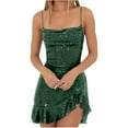 thumbnail image 1 of Sequin Homecoming Dresses for Teens Short Cowl Neck Formal Dress Spaghetti Straps Ruffle Hem Cocktail Dress Dark Green S, 1 of 5
