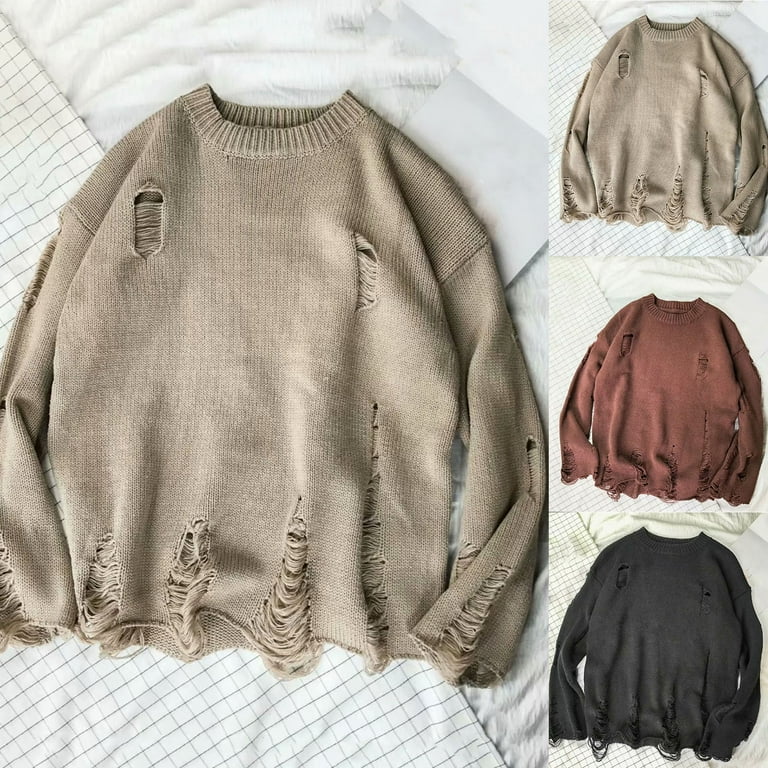 GWONG Men Sweater Solid Color Ripped O Neck Oversized Couple Sweater for Daily Wear Walmart