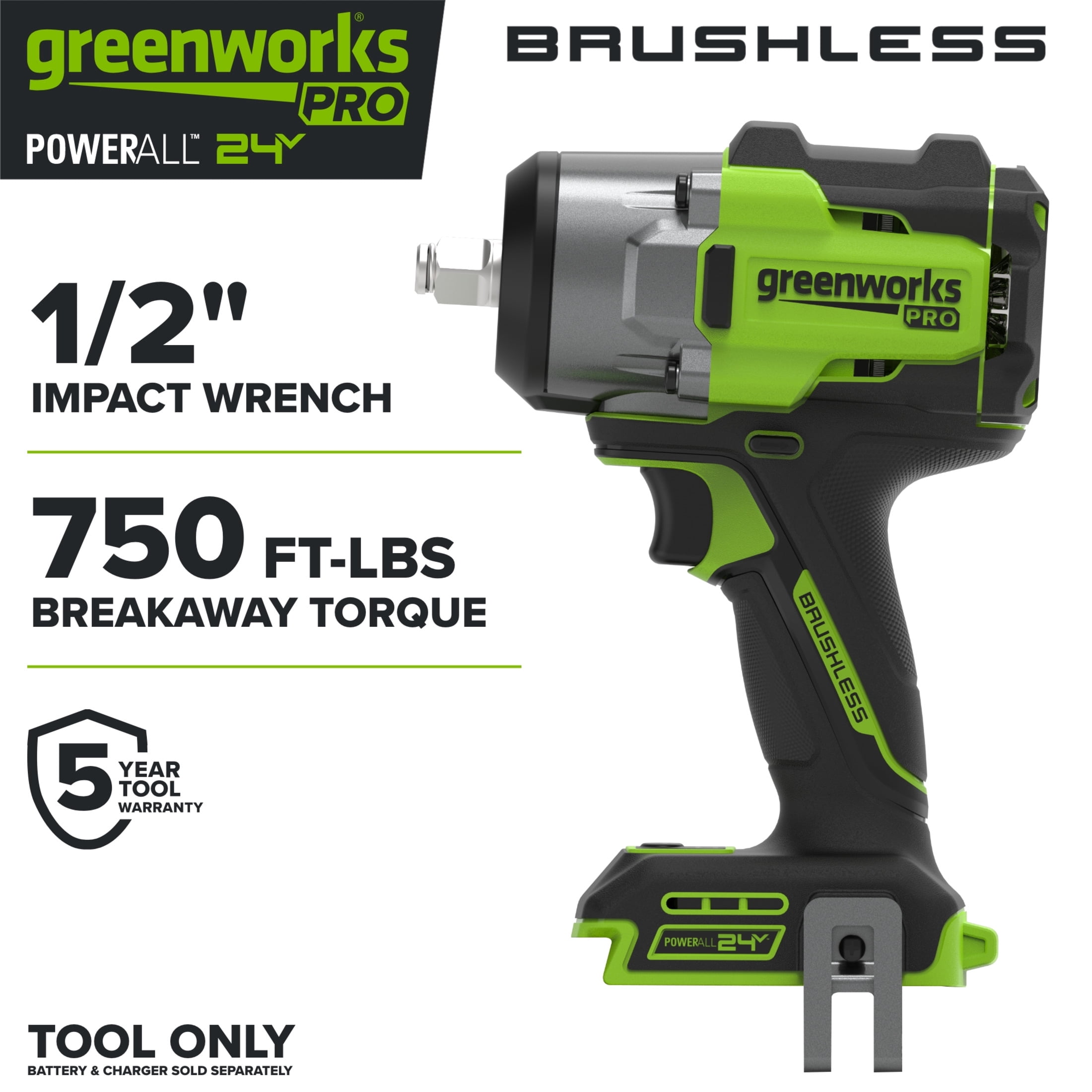 Greenworks Pro PowerAll 24V Brushless 1/2" 750 lbs Breaking Impact Wrench, Tool Only, IW5800A3