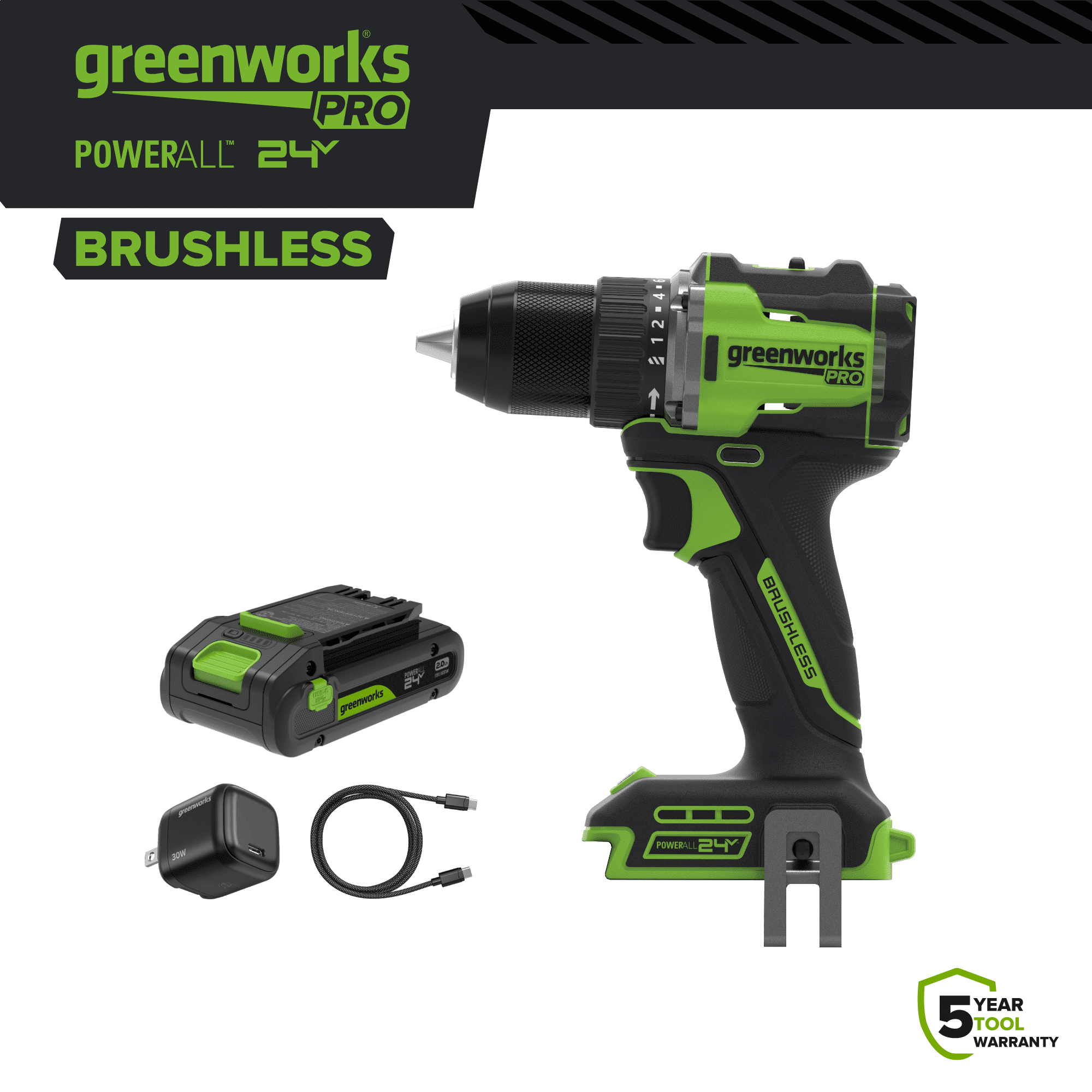 Greenworks Pro 24V Brushless 1/2" 530 in-lb Drill Driver, 2.0Ah USB-C Battery, 30W Charger and Cable, PowerAll, DD560A1