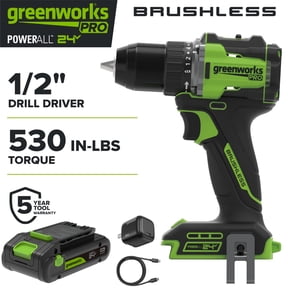 Greenworks Pro PowerAll 24V Brushless 1/2" 530 in-lb Drill Driver, with 2.0 Ah USB-C Battery, 30W USB-C Charger Block, 3' 100W USB-C Cable, DD560A1