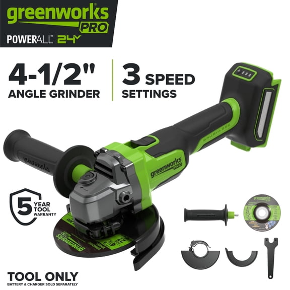 Greenworks Pro PowerAll 24V Brushless 4-1/2" Angle Grinder, Tool Only, AG590A2