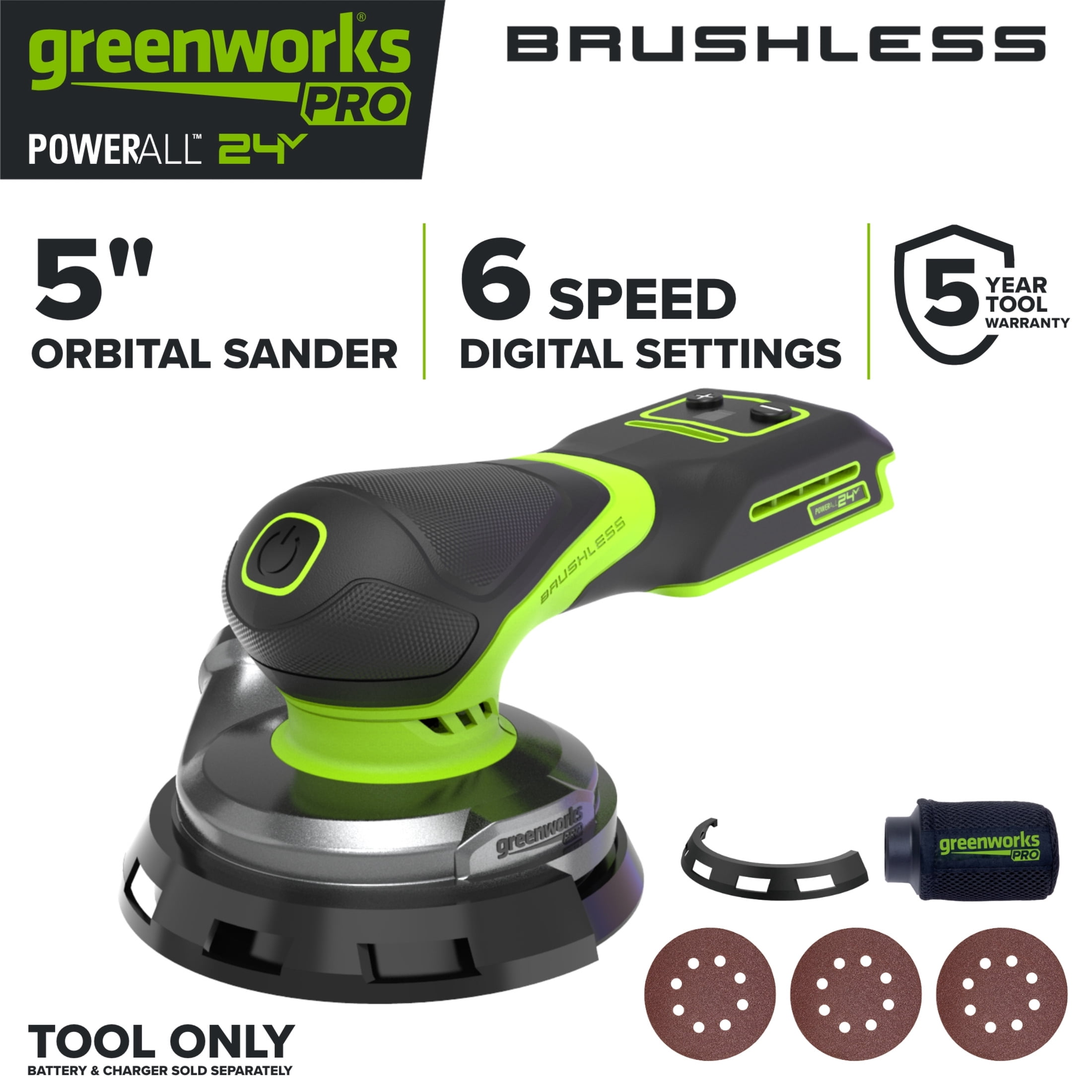 Greenworks Pro PowerAll 24V Brushless Random Orbit Sander, Tool