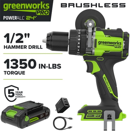 Greenworks Pro PowerAll 24V Brushless 1,350 in-lb 1/2" Hammer Drill, 2Ah USB-C Battery, 65W Charger and Cable, HD5150A1