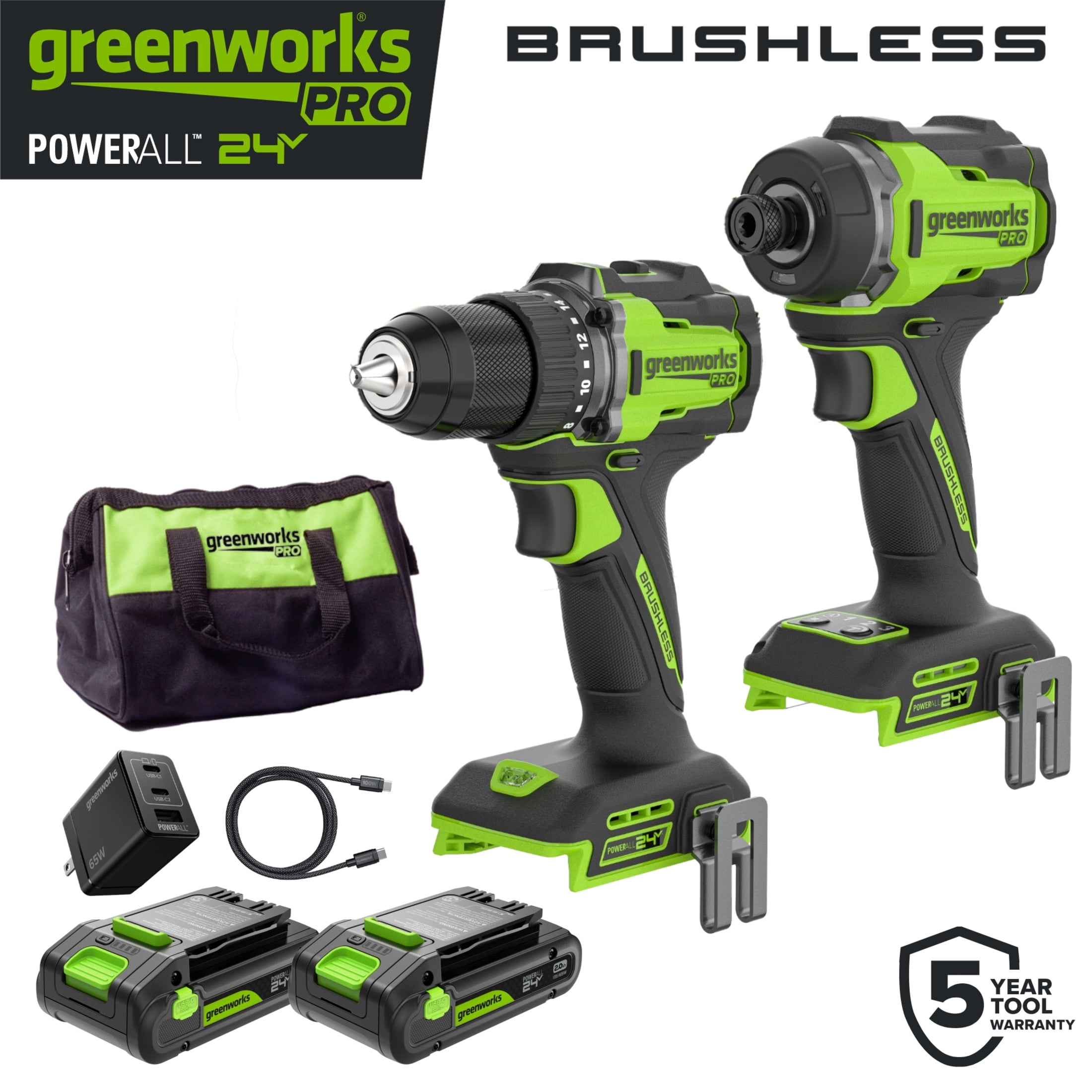 Greenworks Pro PowerAll 24V Brushless 530 lbs Drill/Driver and 2,200 lbs Impact Driver and Battery, CK521A1